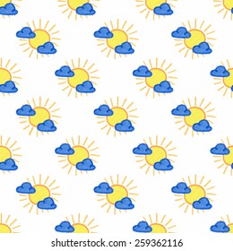 Cartoon sun and cloud. Weather seamless pattern on the white background. Vector illustration. Hand-drawn original weather forecast background. Useful for invitations, scrapbooking, design.