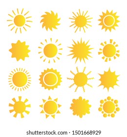 Cartoon sun collection. Yellow glossy sun icons set isolated on white. Sun pictogram, summer symbol for website design, web button, mobile app.