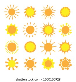 Cartoon sun collection. Yellow sun icons set isolated on white. Sun pictogram, summer symbol for website design, web button, mobile app.