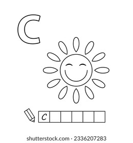 Cartoon sun coloring pages. Learning game for small children - write a word in Russian language. Vector alphabet for kids