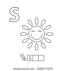 Páginas de dibujos animados coloreadas. Juego de aprendizaje para niños pequeños - escribe una palabra en inglés. Alfabeto vectorial para niños