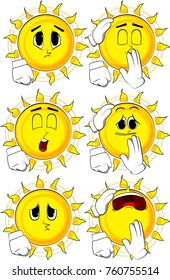 Cartoon sun comforting another sun. Collection with sad faces. Expressions vector set.