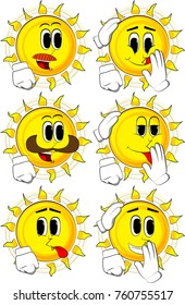 Cartoon sun comforting another sun. Collection with happy faces. Expressions vector set.