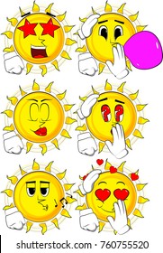 Cartoon sun comforting another sun. Collection with various facial expressions. Vector set.