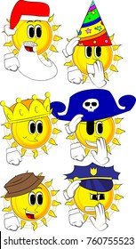 Cartoon sun comforting another sun. Collection with costume. Expressions vector set.