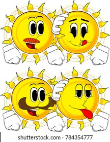 Cartoon sun comforting another sun. Collection with happy faces. Expressions vector set.