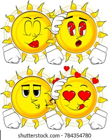 Cartoon sun comforting another sun. Collection with various facial expressions. Vector set.