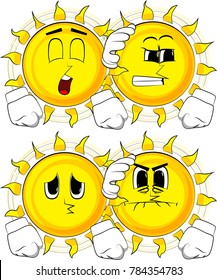 Cartoon sun comforting another sun. Collection with sad faces. Expressions vector set.