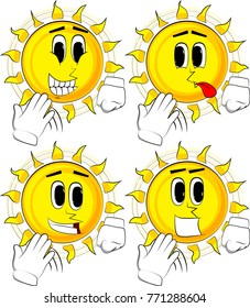 Cartoon sun cooling himself with his hand. Collection with happy faces. Expressions vector set.