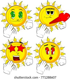 Cartoon sun cooling himself with his hand. Collection with various facial expressions. Vector set.