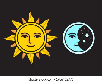 Cartoon sun and crescent moon with face. Vintage style color drawing. Vector clip art illustration on black background.