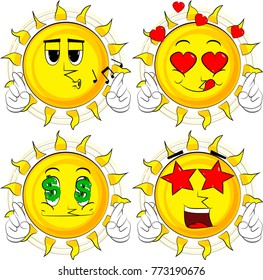 Cartoon sun crossing his fingers and wishing for good luck. Collection with various facial expressions. Vector set.