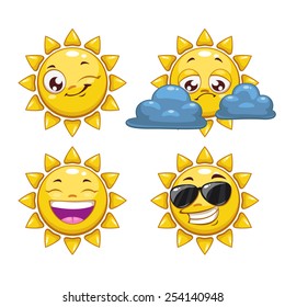 Cartoon sun with different emotions, isolated vector illustration