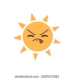 A cartoon sun with a disgust face. The sun is yellow and has a disgust expression.