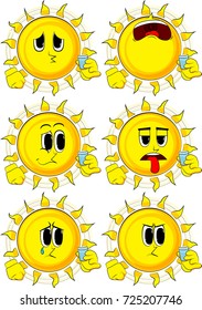 Cartoon sun drinking brandy. Collection with sad faces. Expressions vector set.