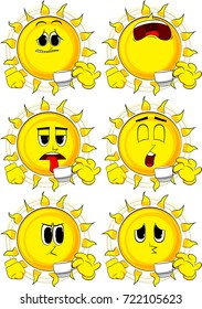 Cartoon sun drinking coffee. Collection with sad faces. Expressions vector set.