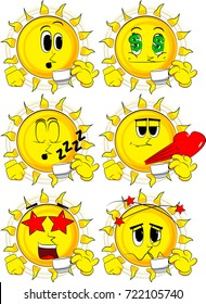 Cartoon sun drinking coffee. Collection with various facial expressions. Vector set.