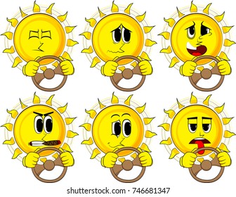 Cartoon sun driving, holding a steering wheel. Collection with sad faces. Expressions vector set.