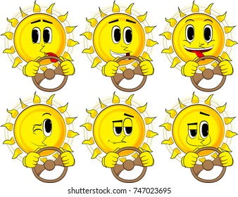 Cartoon sun driving, holding a steering wheel. Collection with happy faces. Expressions vector set.