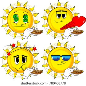 Cartoon sun eating a sandwich. Collection with various facial expressions. Vector set.