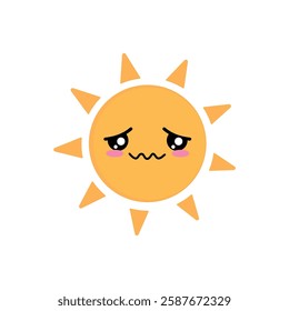 A cartoon sun with a embarrass face. The sun is yellow and has a embarrass expression.