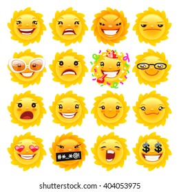 Cartoon Sun Emojis Set for Your Summer Projects. Isolated on white background. Clipping paths included.