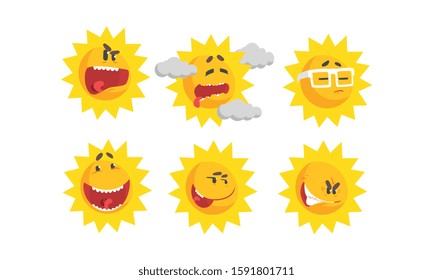 Cartoon Sun Expressing Different Emotions Vector Set