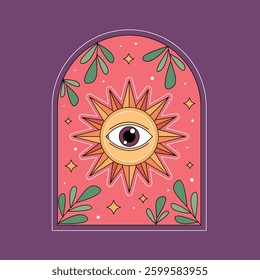 Cartoon sun with eye and green leaves badge