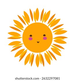 Cartoon Sonne mit Gesicht und langen Strahlen. Fröhliches Symbol des Sommers und der Wärme. Vektorgrafik