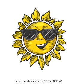 Cartoon sun with face in sunglasses color sketch engraving vector illustration. Scratch board style imitation. Black and white hand drawn image.