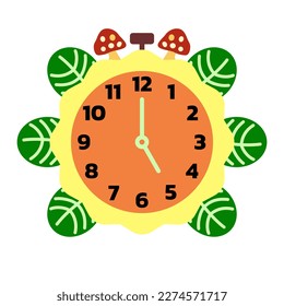 reloj de la flor solar de dibujos animados aislado a las 5 pm. sobre fondo blanco, hojas verdes