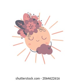 Cartoon sun with flowers and cloud. Hello summer. Summer print for children. Sunlight vector illustration. Perfect for kids room decoration, prints, posters, postcards, baby fabric