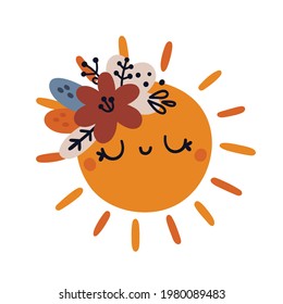 Cartoon sun with flowers. Hello summer. Summer print for kids. Sunshine vector illustration. Ideal for kids room decoration, prints, poster, card, nursery cloth
