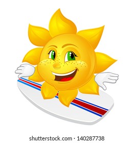 cartoon sun with freckles on surfboard
