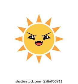 A cartoon sun with a frowning face and a mouth open wide. The sun is yellow and orange