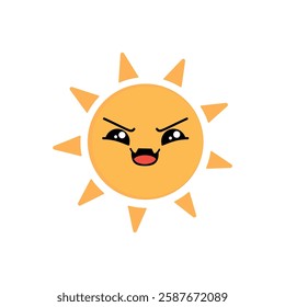 A cartoon sun with a frustrated face. The sun is yellow and has a angry expression.