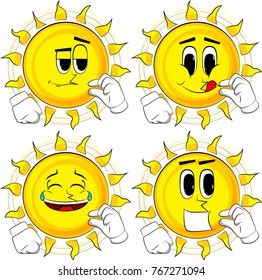 Cartoon sun gesturing a small amount with hand. Collection with happy faces. Expressions vector set.