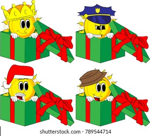 Cartoon sun in a gift box. Collection with costume. Expressions vector set.