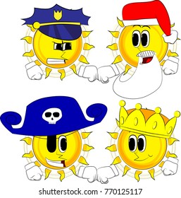 Cartoon sun giving a fist bump. Collection with costume. Expressions vector set.