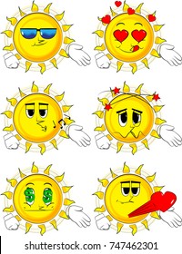 Cartoon sun giving a hand. Collection with various facial expressions. Vector set.