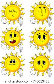 Cartoon sun giving a hand. Collection with sad faces. Expressions vector set.