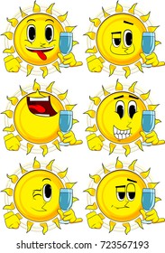 Cartoon sun with with a glass of water. Collection with happy faces. Expressions vector set.