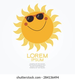 Sol de dibujos animados con gafas. Patrón de diseño plano con el sol y el texto   