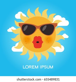 Cartoon  sun in glasses. Flat design pattern with sun and the text   