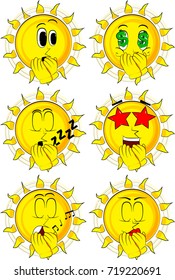 Cartoon sun with hands over mouth. Collection with various facial expressions. Vector set.