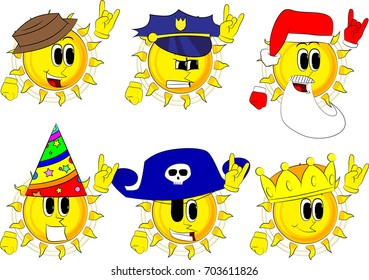 Cartoon sun with hands in rocker pose. Collection with costume. Expressions vector set.