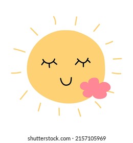 Cartoon sun with happy face. Funny sky character and cloud. Yellow star with heating sunbeams. Sunny weather. Meteorology forecast. Doodle summer cloudscape. Vector smiling heaven element