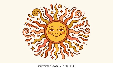 Cartoon sun with happy face and rays