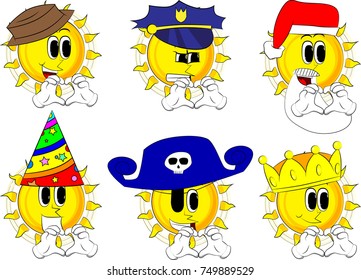 Cartoon sun with heart shape hand gesture. Collection with costume. Expressions vector set.