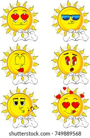 Cartoon sun with heart shape hand gesture. Collection with various facial expressions. Vector set.
